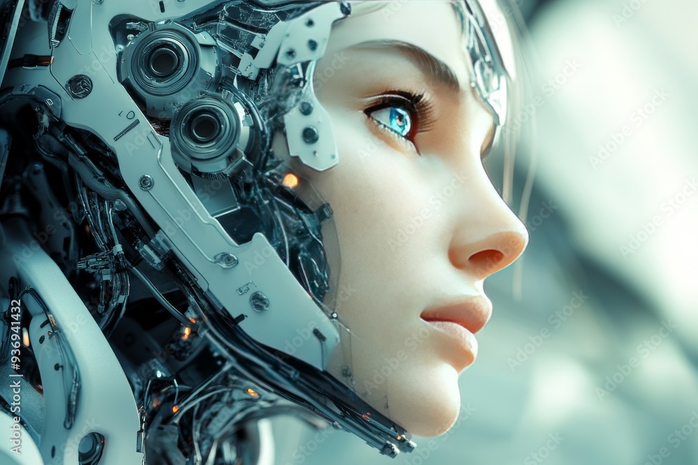 Close Up of a Female Cyborgs Face with Detailed Mechanical Parts Highlighting the Fusion of Human and Machine in a Futuristic World Close Up of a Female Cyborgs Face with Detailed Mechanical Parts Highlighting the Fusion of Human and Machine in a Futuristic World