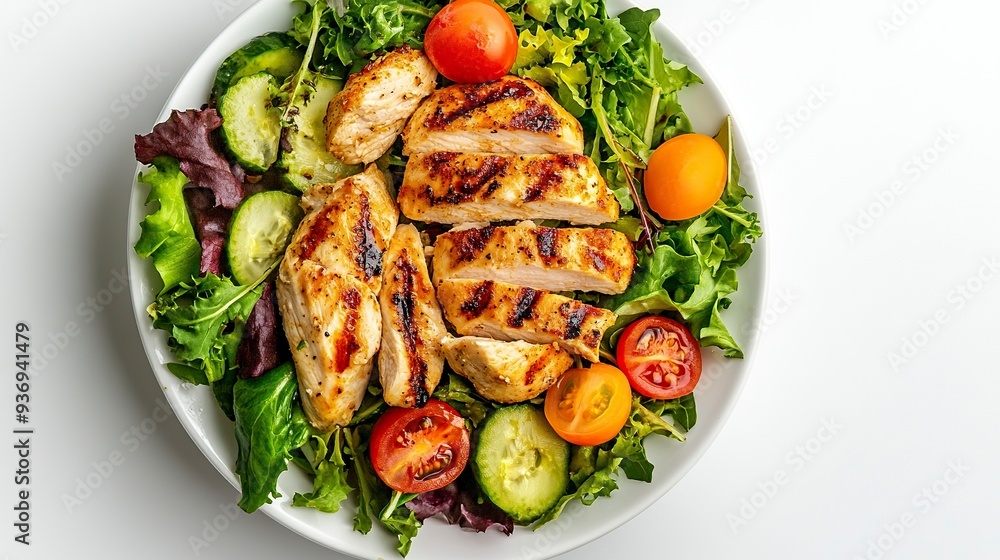 Grilled Chicken Salad on White Background Top Down Photo generative ai Grilled Chicken Salad on White Background Top Down Photo generative ai