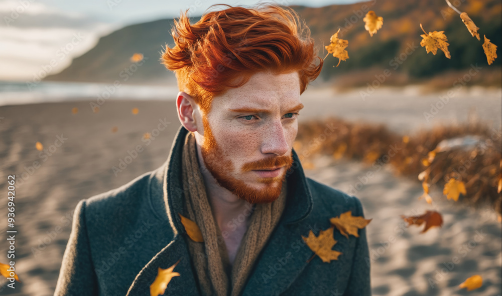 A man with red hair and a beard stands on a beach as leaves fall around him A man with red hair and a beard stands on a beach as leaves fall around him