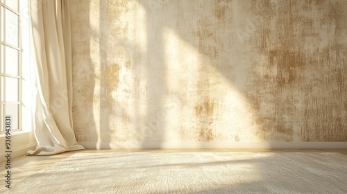 Fototapeta Naklejka Na Ścianę i Meble -  Paper wallpaper on the walls of beige house with a scratch pattern. Abstract background, pastel cream colored vintage carpet, soft wrinkled pattern with golden faded lines on luxury bedroom, ai