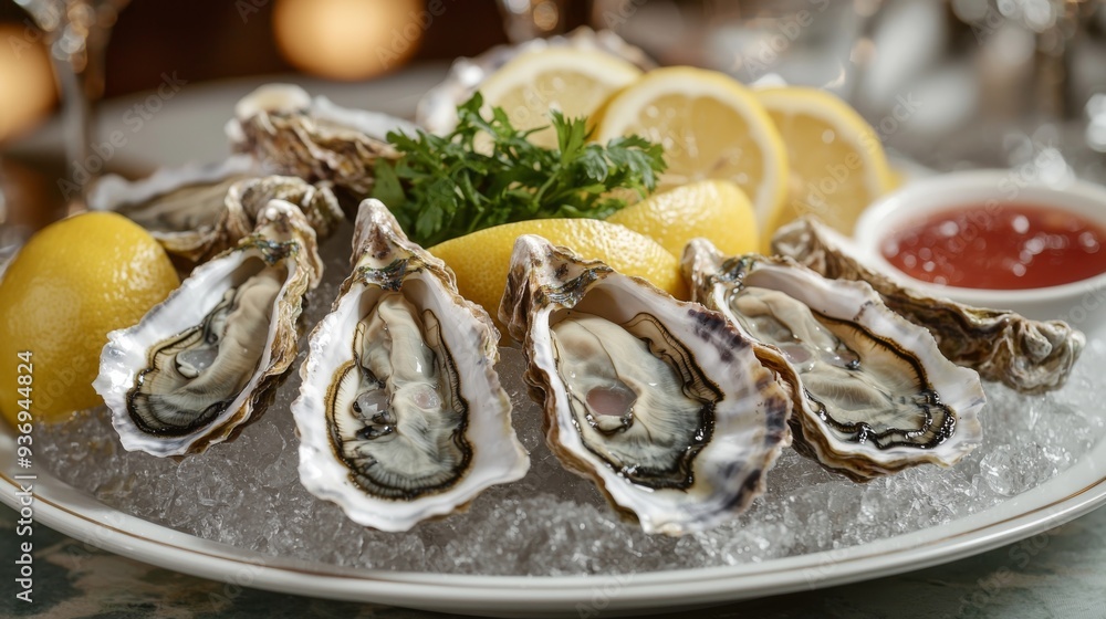 luxurious dish of fresh oysters served in a fancy restaurant, beautifully arranged on a bed of ice with lemon slices, seaweed, and a selection of sauces luxurious dish of fresh oysters served in a fancy restaurant, beautifully arranged on a bed of ice with lemon slices, seaweed, and a selection of sauces