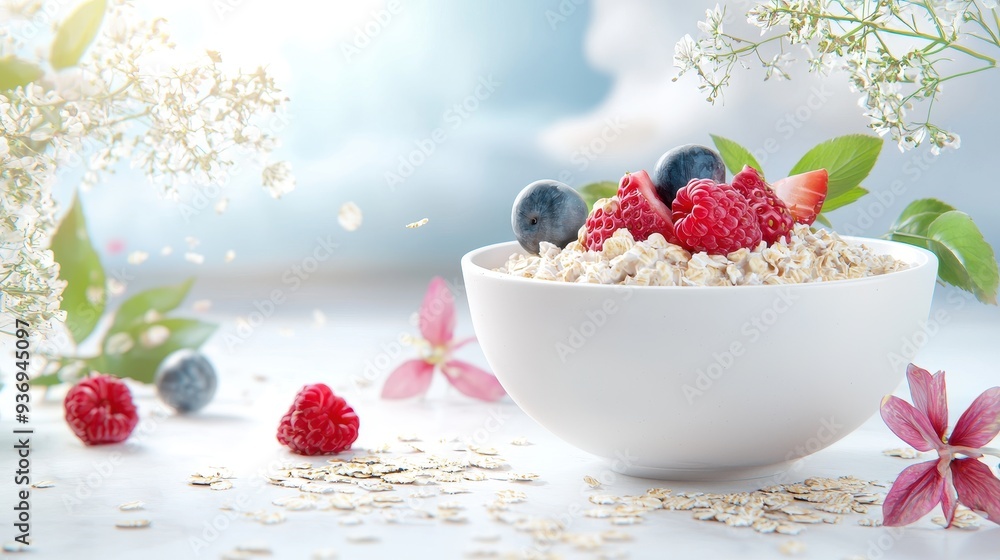 Healthy Breakfast with Oatmeal Berries and Flowers Healthy Breakfast with Oatmeal Berries and Flowers