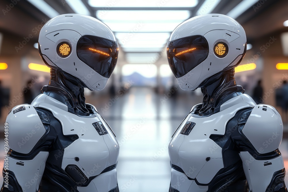 Two advanced humanoid robots mirroring each other in a modern industrial setting symbolizing the precision and symmetry in cutting edge robotics technology Two advanced humanoid robots mirroring each other in a modern industrial setting symbolizing the precision and symmetry in cutting edge robotics technology