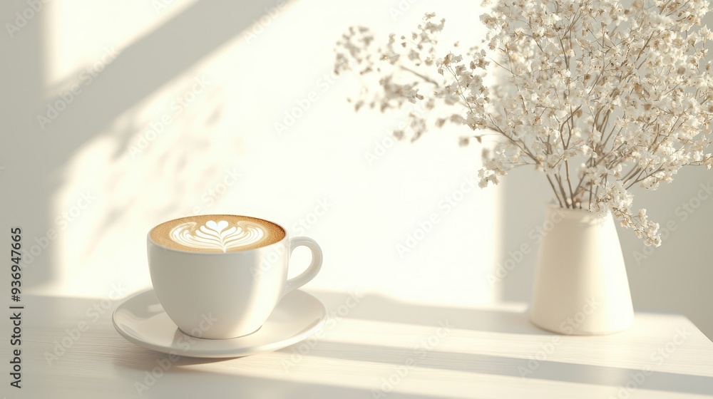 Latte Art Coffee Cup with Dried Flowers in a White Vase and Sunbeams Latte Art Coffee Cup with Dried Flowers in a White Vase and Sunbeams
