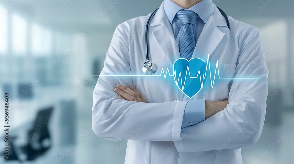 Medical professional in a white coat with a heartbeat ECG line overlay, blurred office background, copy space for text, Medical professional in a white coat with a heartbeat ECG line overlay, blurred office background, copy space for text,