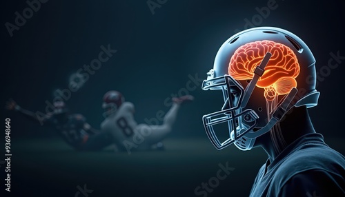 A conceptual illustration of a football player's helmet revealing a brain, highlighting the importance of brain health in sports. Perfect for health, sports, and safety campaigns.