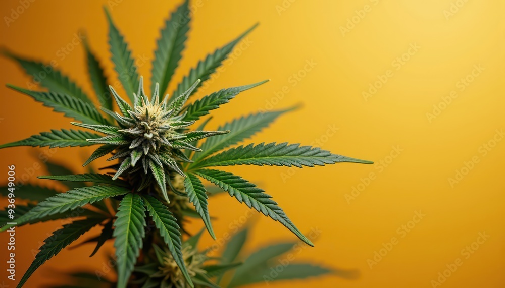 Close-up of a vibrant cannabis plant against a striking orange background, ideal for illustrating topics related to wellness, agriculture, and the cannabis industry. Close-up of a vibrant cannabis plant against a striking orange background, ideal for illustrating topics related to wellness, agriculture, and the cannabis industry.