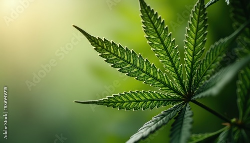 Close-up of a vibrant green cannabis leaf against a soft-focus background, perfect for botanical, wellness, or natural product themes.