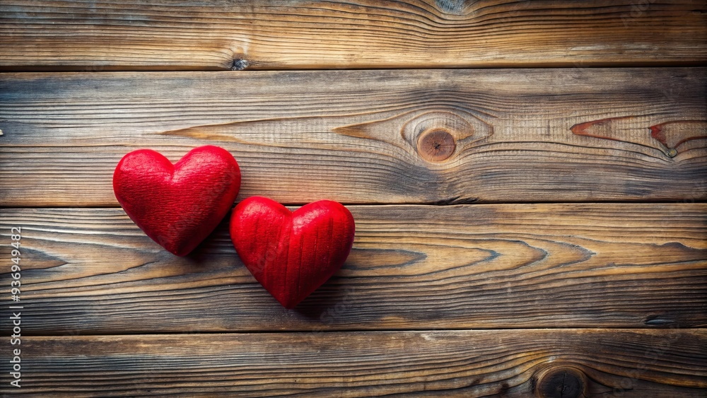 Two red hearts on rustic wooden background with space for text, perfect for Valentine's Day love concept Two red hearts on rustic wooden background with space for text, perfect for Valentine's Day love concept