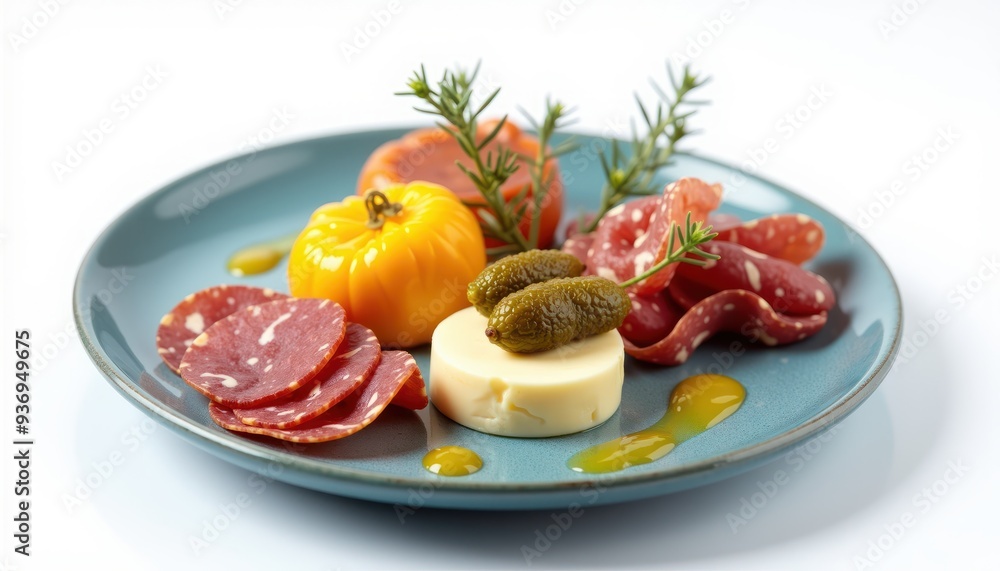 A beautifully arranged platter featuring salami, cheese, pickles, and tomatoes, perfect for culinary art, restaurants, or gourmet food marketing. A beautifully arranged platter featuring salami, cheese, pickles, and tomatoes, perfect for culinary art, restaurants, or gourmet food marketing.