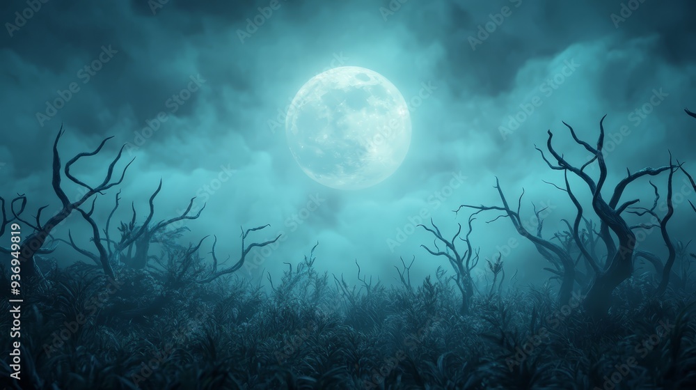 Fototapeta premium Full Moon Over Spooky Forest with Dead Trees and Fog