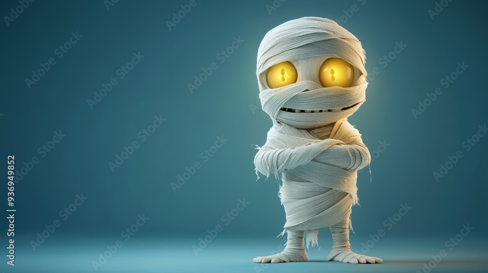 Funny Cartoon Mummy Character with Glowy Eyes on Blue Background Funny Cartoon Mummy Character with Glowy Eyes on Blue Background