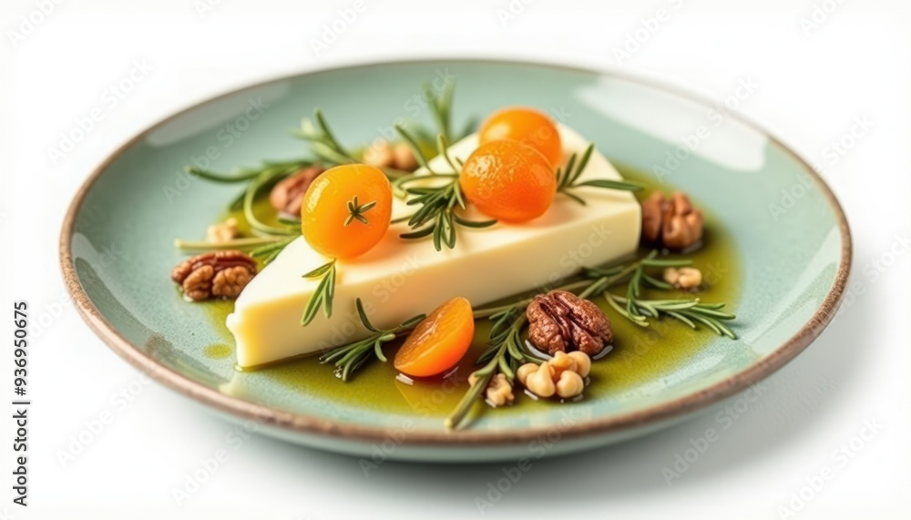 Fresh, gourmet cheese dish elegantly plated with herbs and tomatoes, perfect for culinary and restaurant promotional materials. Fresh, gourmet cheese dish elegantly plated with herbs and tomatoes, perfect for culinary and restaurant promotional materials.