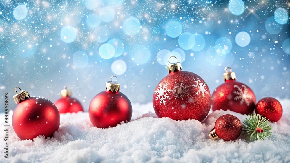 Red Christmas balls on snow, festive holiday decorations with snowflakes, winter wonderland scene Red Christmas balls on snow, festive holiday decorations with snowflakes, winter wonderland scene