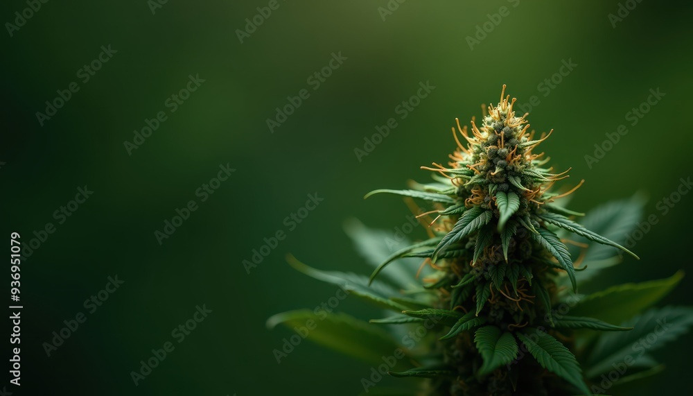Close-up of a cannabis flower, highlighting its vibrant trichomes and leaves. Ideal for articles on cannabis cultivation, health, or the medicinal cannabis industry.