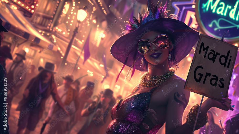 Fototapeta premium illustration of a cute girl at a street parade holding a sign that says Mardi Gras