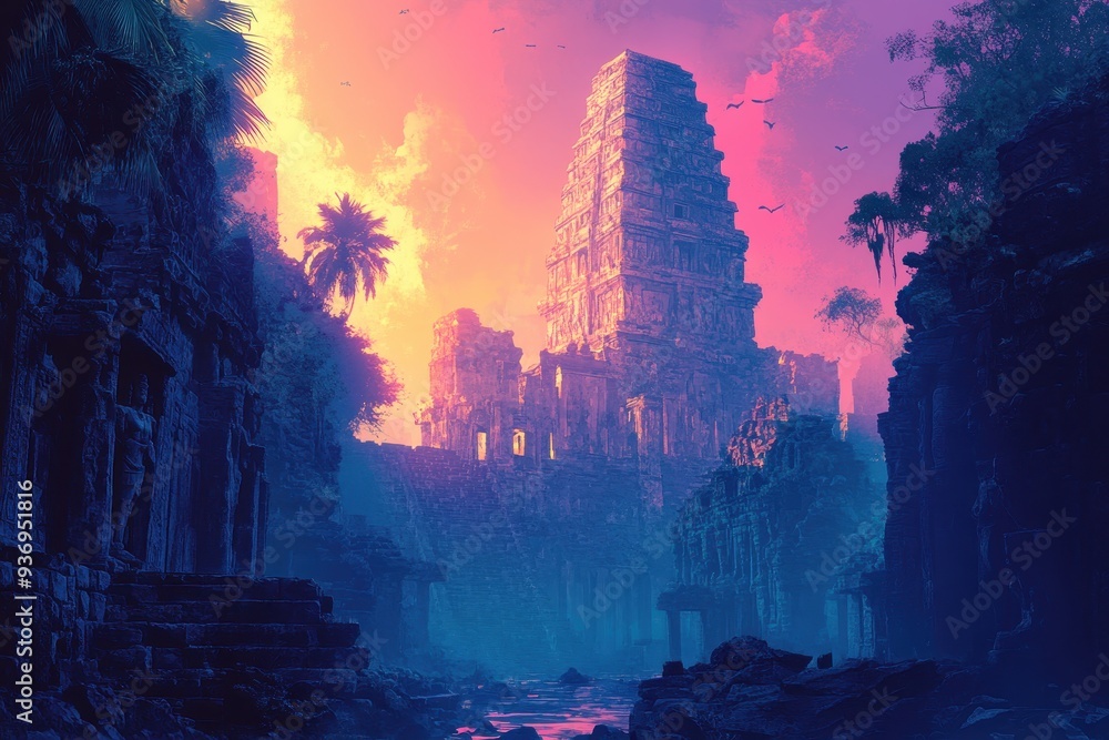 Ancient Temple Ruins at Sunset with Palm Trees and a Waterway Ancient Temple Ruins at Sunset with Palm Trees and a Waterway