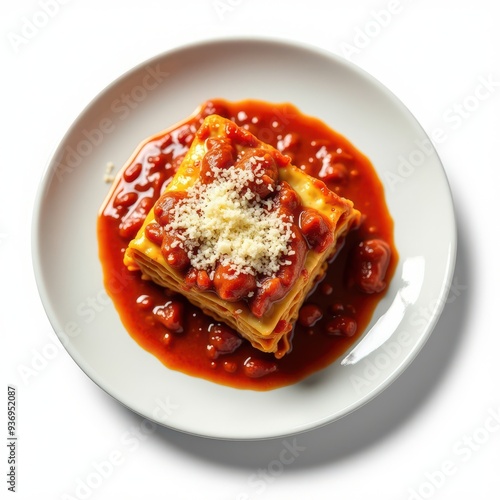 A delicious serving of lasagna topped with rich tomato sauce and cheese, perfect for culinary promotions or Italian restaurant menus.