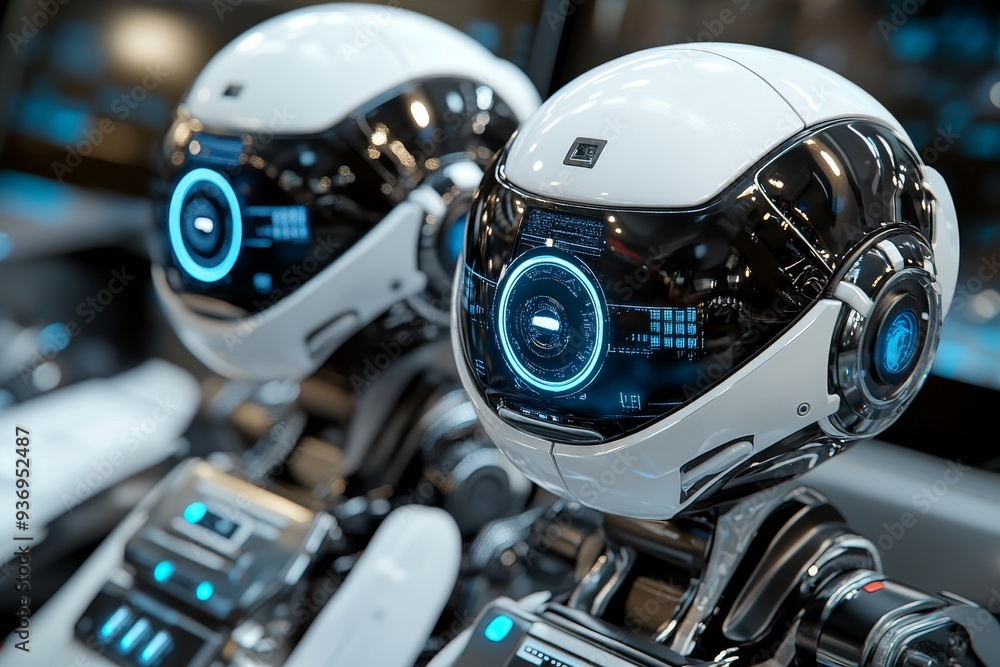 Fototapeta premium Pair of futuristic robots in a high tech environment symbolizing the precision and collaboration in advanced robotics