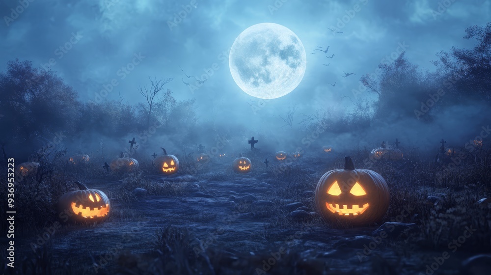 Halloween Pumpkin in a Spooky Forest with Full Moon Halloween Pumpkin in a Spooky Forest with Full Moon