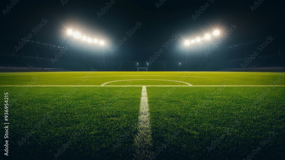 Obraz premium Nighttime view of a soccer field with bright stadium lights and a central kick spot, perfect for promoting a football club or international game