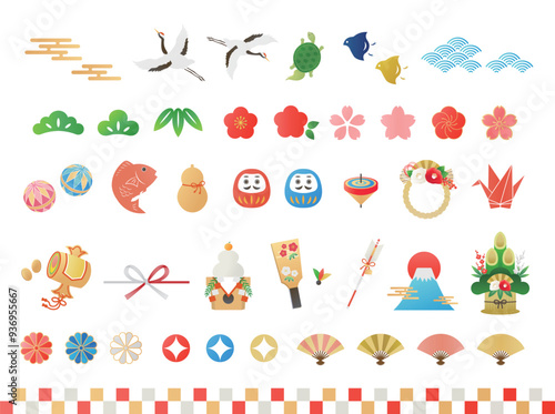 Cute New Year's decoration_icon and frame set_Illustration of lucky charm_Japanese pattern