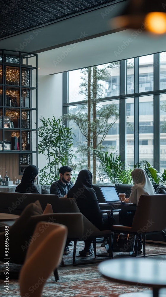 A group of Muslim business people collaborates in a well-lit, modern meeting area filled with plants and natural light A group of Muslim business people collaborates in a well-lit, modern meeting area filled with plants and natural light