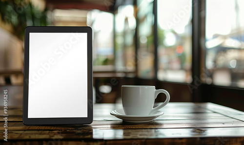 white screen tablet computer and cup on the table
