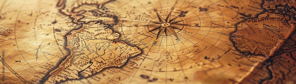 Fototapeta premium Antique map with artistic flourishes, Vintage, Earthy, Illustration, Emphasizing exploration and history