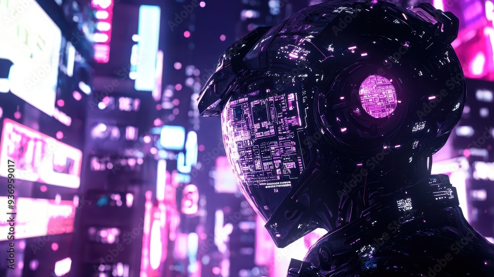 Obraz premium Futuristic Cyborg in Neon Cityscape