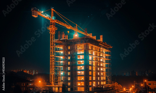 Building construction site at night