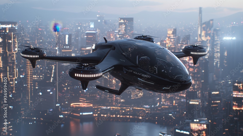 Futuristic Drone Taxi Flying Over Cityscape At Dusk Futuristic Drone Taxi Flying Over Cityscape At Dusk