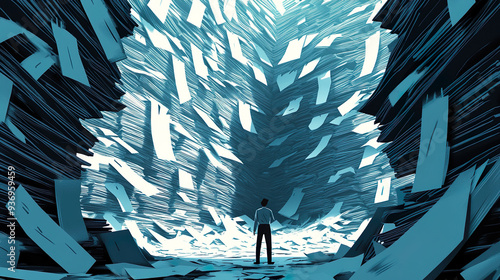 Businessman Overwhelmed With Piles of Work Paper Resumes Bills Taxes Finances Hiring