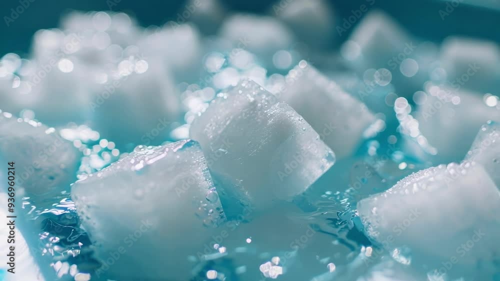 Melting ice cubes in clear turquoise water create a refreshing background for cold drinks on a hot day. Cool blue hues evoke relaxation and tranquility, adding elegance to this captivating scene Melting ice cubes in clear turquoise water create a refreshing background for cold drinks on a hot day. Cool blue hues evoke relaxation and tranquility, adding elegance to this captivating scene