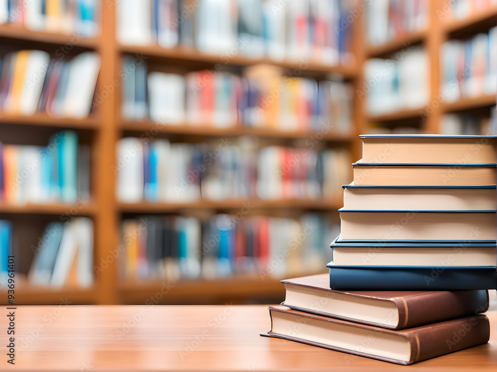 Book stack on wood desk and blurred bookshelf in the library room, education background, back to school concept Book stack on wood desk and blurred bookshelf in the library room, education background, back to school concept