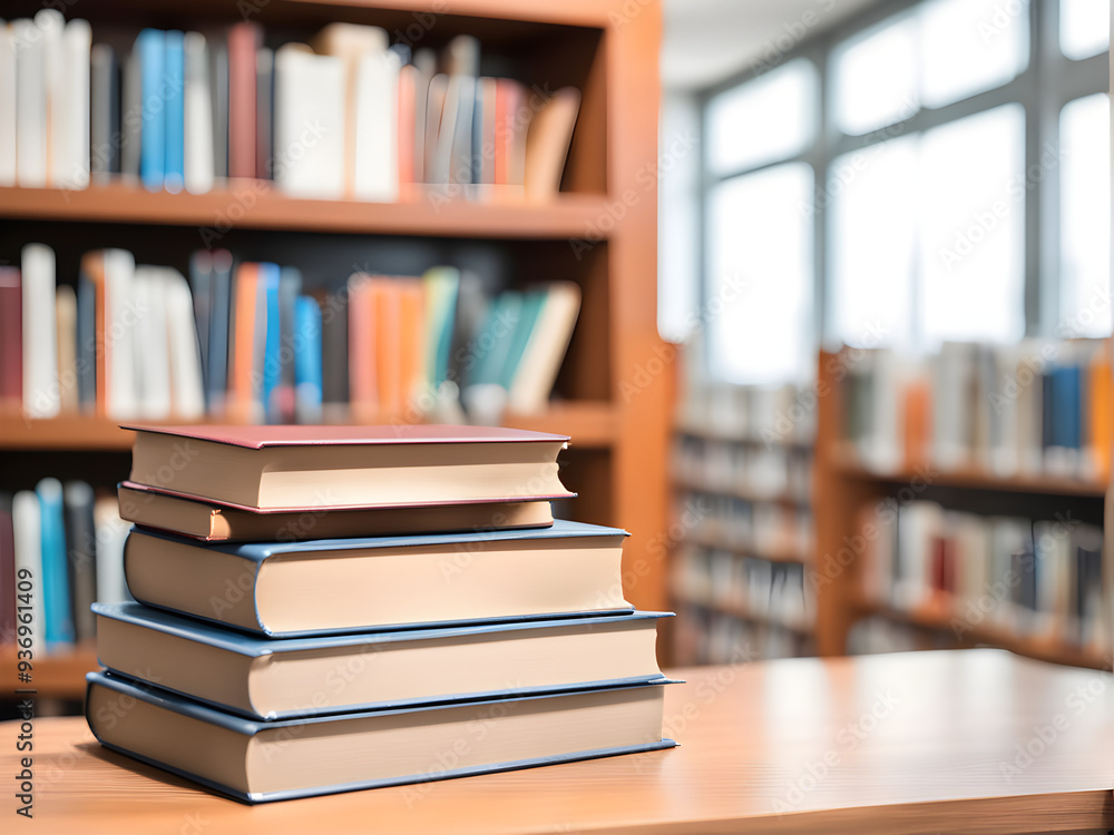 Book stack on wood desk and blurred bookshelf in the library room, education background, back to school concept Book stack on wood desk and blurred bookshelf in the library room, education background, back to school concept