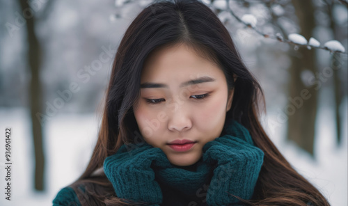 A woman with long dark hair stands in a snowy forest, wearing a teal sweater and gloves