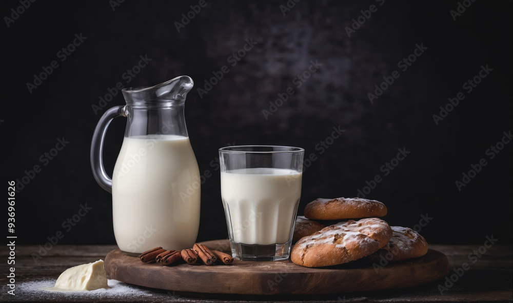 A glass of milk and a pitcher of milk sit on a wooden board with cookies and cinnamon sticks A glass of milk and a pitcher of milk sit on a wooden board with cookies and cinnamon sticks
