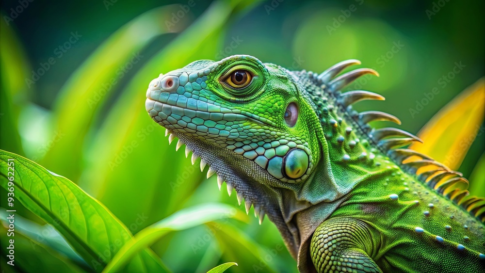 Vibrant green iguana blending into lush green background Vibrant green iguana blending into lush green background