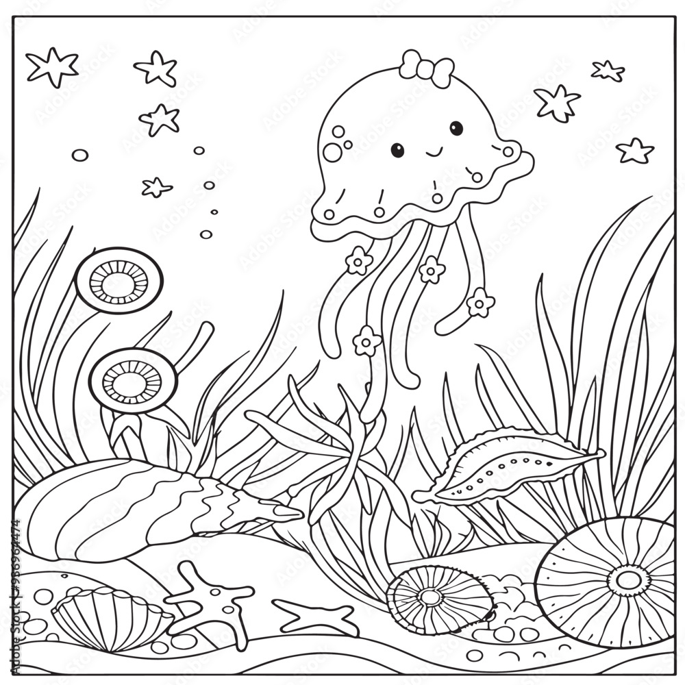Fototapeta premium Fish Coloring page for baby coloring book, vector Illustration seawater cute fishes activity worksheet for children.