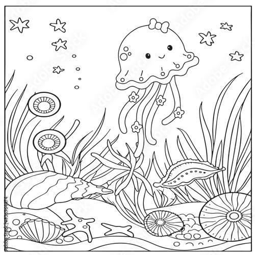 Fish Coloring page for baby coloring book, vector Illustration seawater cute fishes activity worksheet for children.