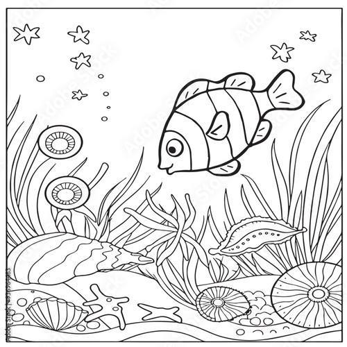 Fish Coloring page for baby coloring book, vector Illustration seawater cute fishes activity worksheet for children.