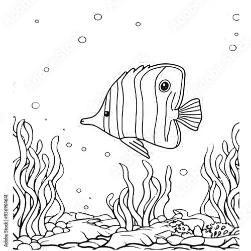 Fish Coloring page for baby coloring book, vector Illustration seawater cute fishes activity worksheet for children.