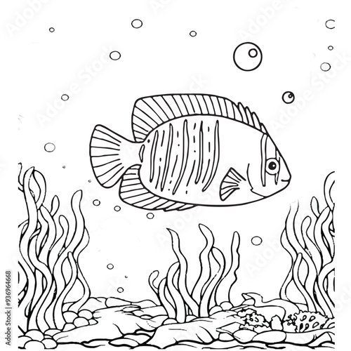Fish Coloring page for baby coloring book, vector Illustration seawater cute fishes activity worksheet for children.