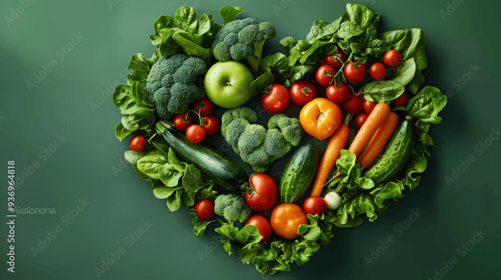 Heart Shaped Arrangement Of Fresh Vegetables Including Broccoli Spinach Tomatoes Cucumbers Carrots And Apple On Green Background Heart Shaped Arrangement Of Fresh Vegetables Including Broccoli Spinach Tomatoes Cucumbers Carrots And Apple On Green Background