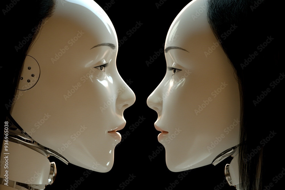 Close up of two humanoid robot heads facing each other symbolizing the precision and sophistication of modern robotics Close up of two humanoid robot heads facing each other symbolizing the precision and sophistication of modern robotics