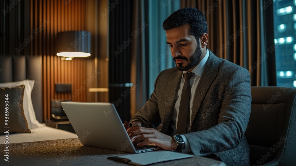 A business traveler is focused on his laptop in a stylish hotel room at night, balancing work and travel responsibilities A business traveler is focused on his laptop in a stylish hotel room at night, balancing work and travel responsibilities