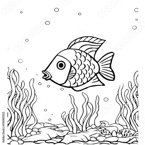 Fish Coloring page for baby coloring book, vector Illustration seawater cute fishes activity worksheet for children.