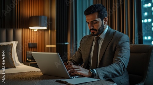 A business traveler is focused on his laptop in a stylish hotel room at night, balancing work and travel responsibilities