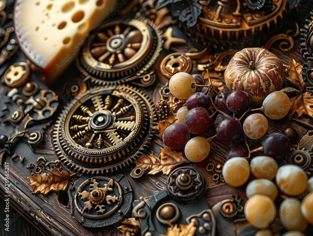 Cheese board with artisanal touch, Steampunk, Warm, 3D, Emphasizing gourmet craftsmanship Cheese board with artisanal touch, Steampunk, Warm, 3D, Emphasizing gourmet craftsmanship